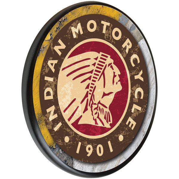 A round wooden sign with the Indian Motorcycle logo.