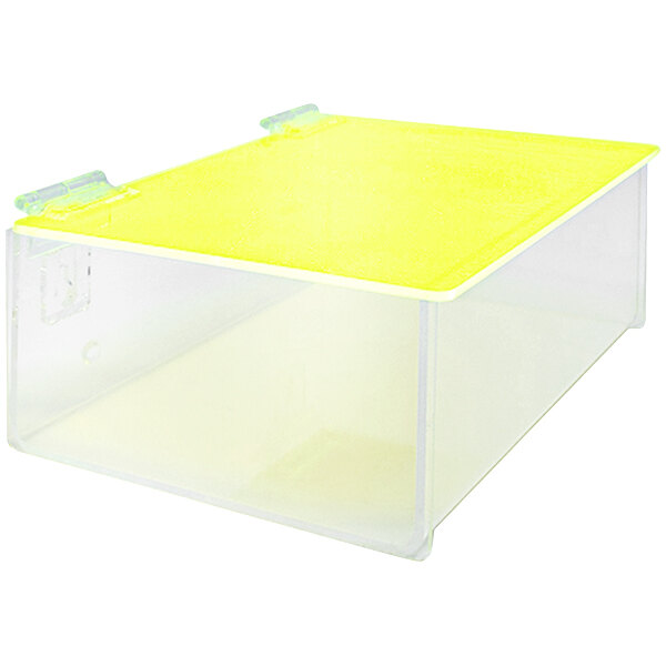 A clear plastic container with a yellow lid.
