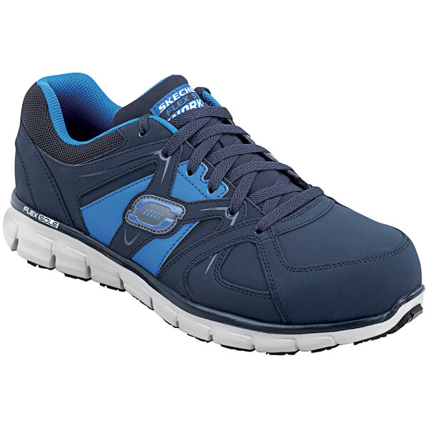 A navy Skechers Work David men's athletic shoe with alloy toe.