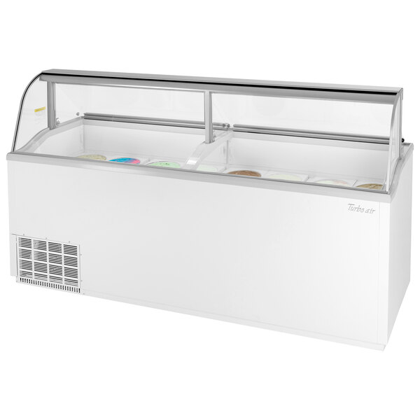 A white Turbo Air ice cream dipping cabinet with a glass top.