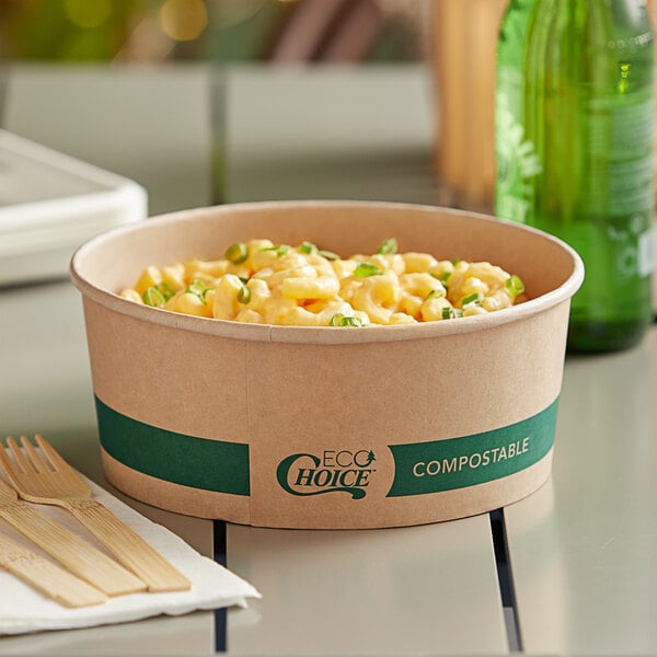 A bowl of macaroni and cheese in a EcoChoice round kraft take-out container.