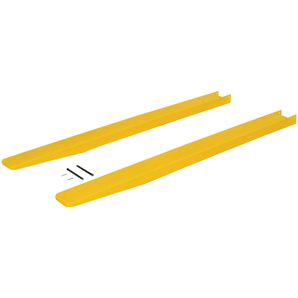 Two yellow polyethylene skid plates for fork blades.