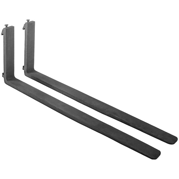 A pair of black metal Forklift Forks with carriage pins.