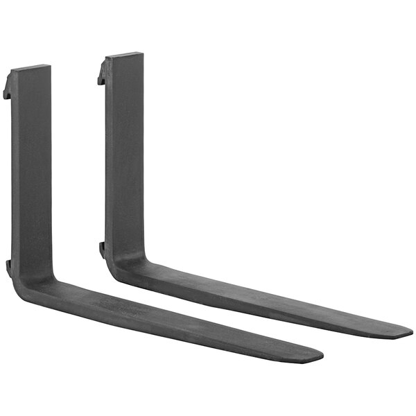 Two black metal forks with curved ends.
