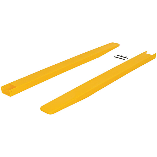 Yellow polyethylene fork blade protectors for Vestil forklifts.