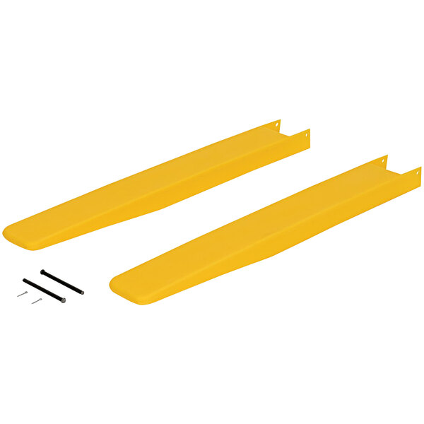 A pair of yellow Vestil polyethylene fork blade protectors.