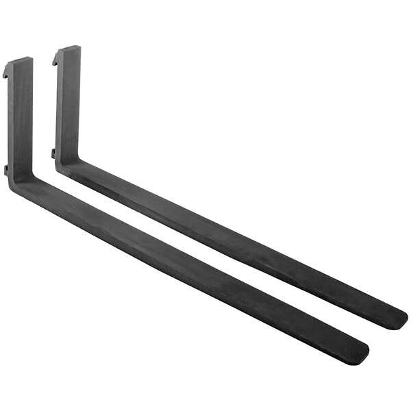 Two black metal racks with plastic brackets.