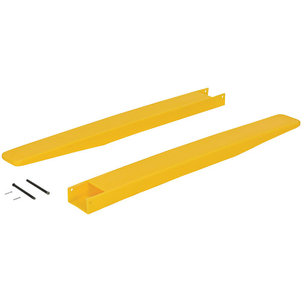 A pair of yellow plastic Vestil fork blade protectors.
