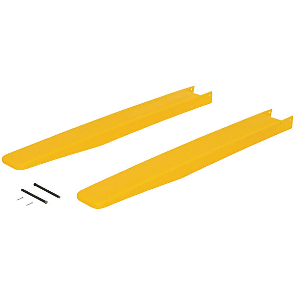 Yellow polyethylene fork blade protectors for Vestil warehouse stacker blades.