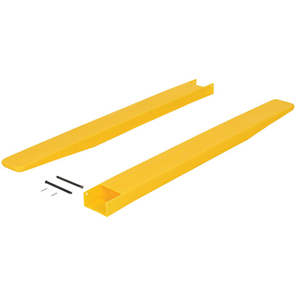 Two yellow polyethylene fork blade protectors for Vestil F5-48.