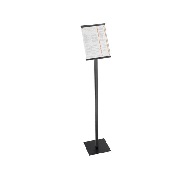 A black metal Cal-Mil sign display stand with a white paper menu on it.