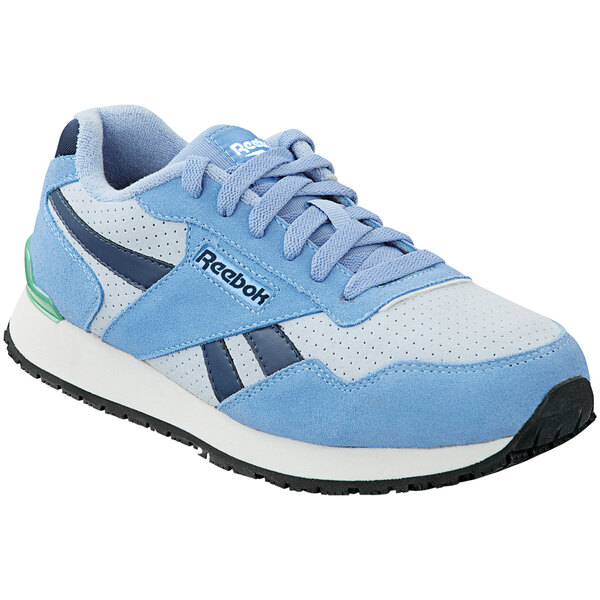 A blue and gray Reebok women's athletic shoe with a white background.