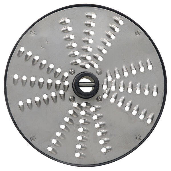 A Hobart stainless steel grater / shredder plate with circular holes.