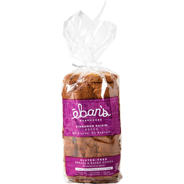 A bag of Eban's Bakehouse gluten-free cinnamon raisin bread with a purple label.