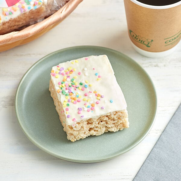 A close-up of a Best Maid Birthday Cake Crispy Marshmallow Bar with sprinkles on top.