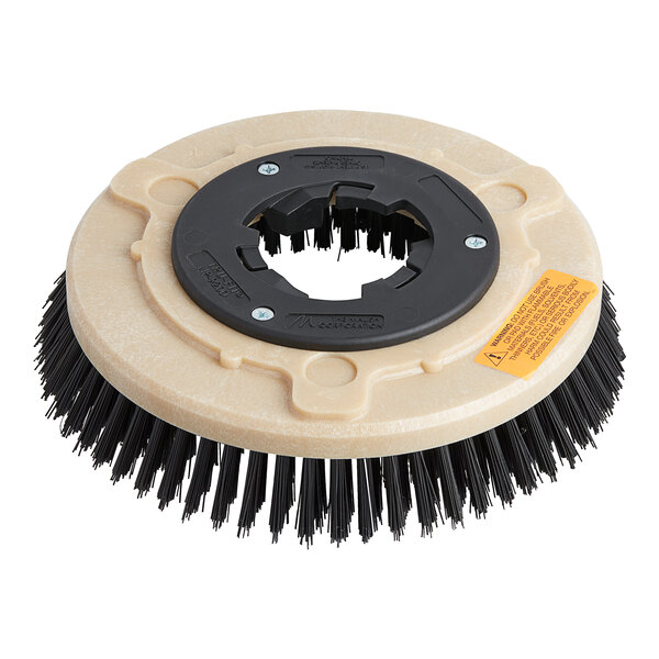 A circular Lavex scrub brush head with black bristles.