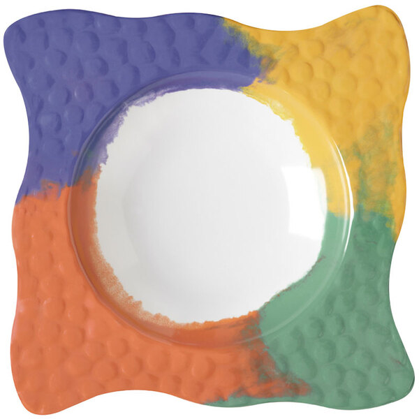 A white melamine square bowl with a colorful painted design on the inside.