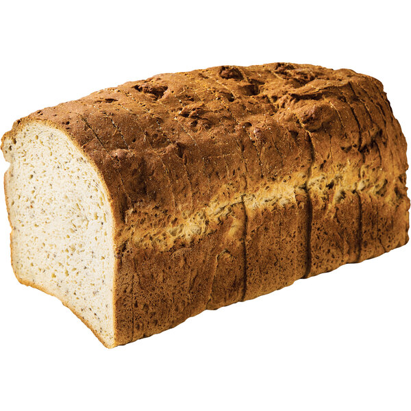 A loaf of Eban's Bakehouse Gluten-Free Multigrain sandwich bread with a slice cut out.