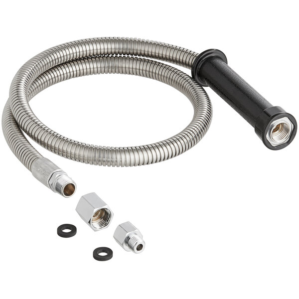 A Chicago Faucets stainless steel hose assembly with a black handle and metal fittings.