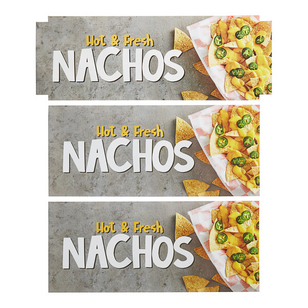 A white decal with three nachos banners and a picture of nachos with cheese and jalapenos.