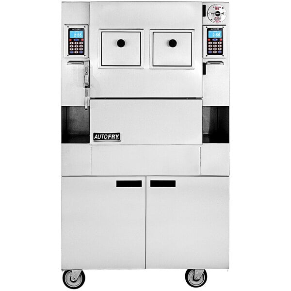 An AutoFry MTI-40E-3 double basket ventless fryer with white cabinet and black knobs.
