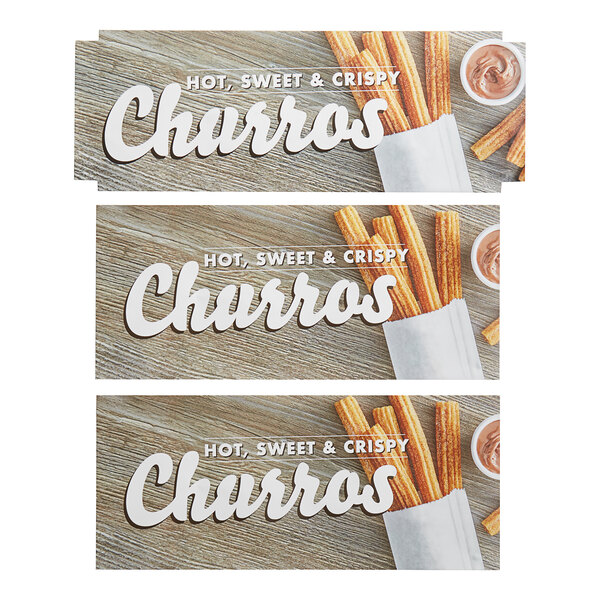 A white decal set with the words "Hot and Sweet Churros" and three different types of churros.