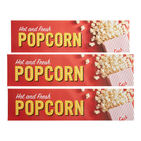 Three white banners with the words "Hot and Fresh Popcorn" and a popcorn box design.
