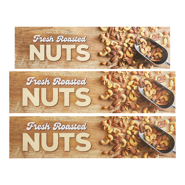 Three signs with a nuts decal over a white background.