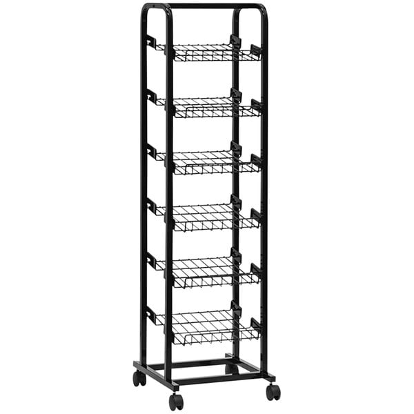 A black metal mobile slant rack with six shelves.