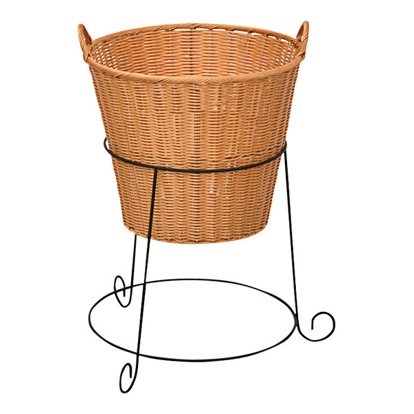 A round wicker basket on a metal stand.