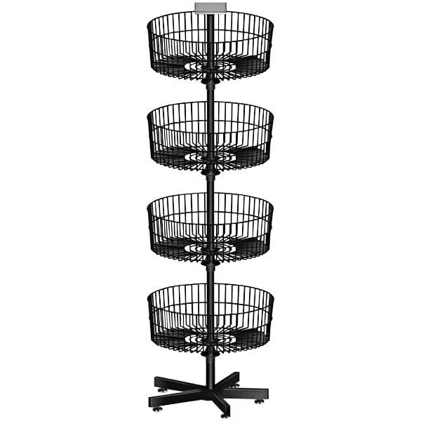 A black circular wire rack with four baskets on it.