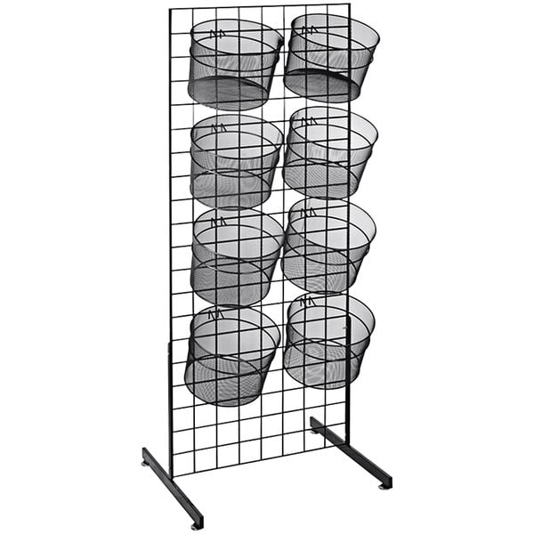 A black wire grid display with eight round wire baskets inside.