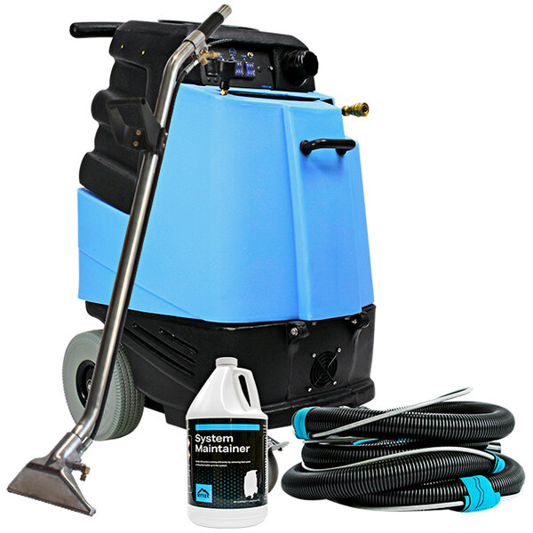 A blue Mytee carpet extractor with a hose and canister.