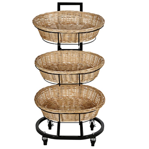 A Mobile 3-tier wicker basket display stand.