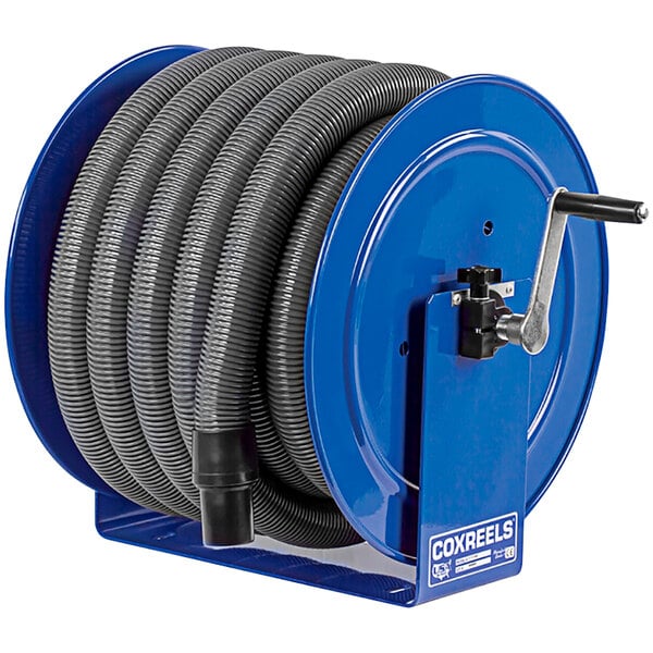 A blue Coxreels hose reel with a black handle, holding a blue and black hose.