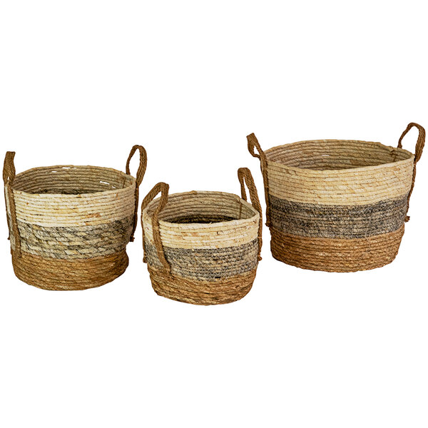 A group of three Kalalou woven display baskets with rope handles in three shades of gray.