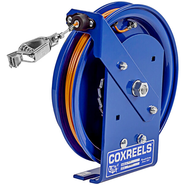 A Coxreels SD Series static discharge reel with a blue wheel and orange cable.
