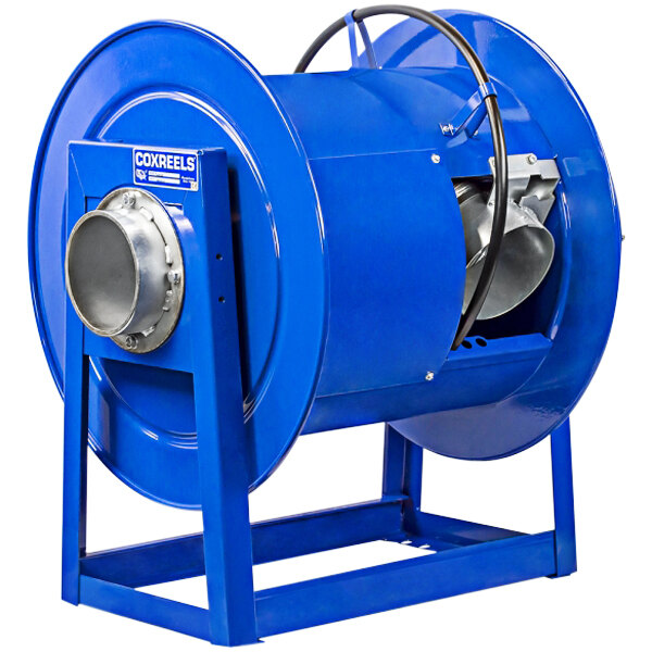 A blue Coxreels 300 series exhaust extraction reel on a stand with a black hose.