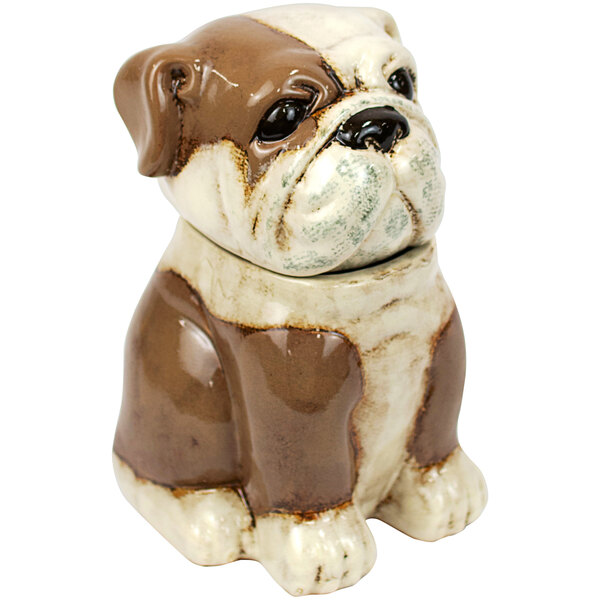 A ceramic bulldog canister with lid.