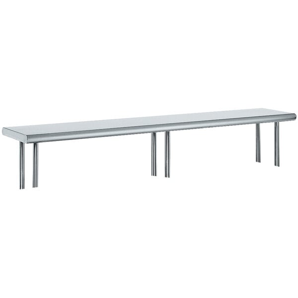A long stainless steel shelf with legs on a table.
