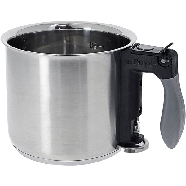A silver de Buyer stainless steel Bain-Marie pot with a handle.