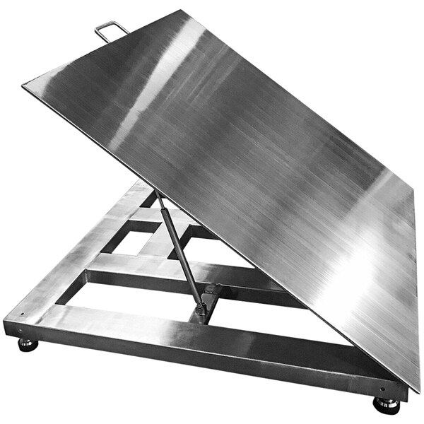 A stainless steel Optima Weighing Systems floor scale with lift top platform.