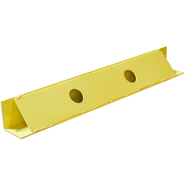 A yellow metal rectangular bar with holes.
