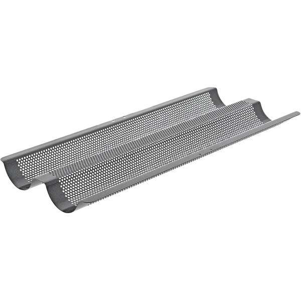 A metal tray with perforated sections for two long loaves.