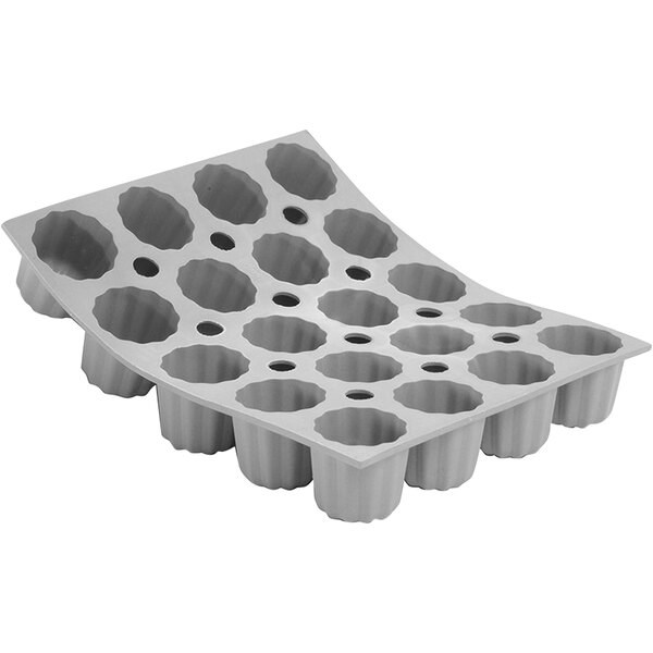 A white plastic tray with 20 grey silicone baking molds with cannele shapes.