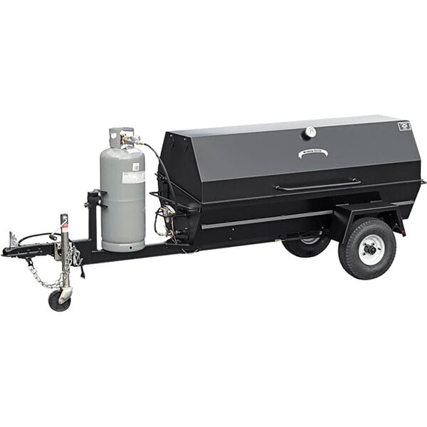 A black trailer with a grey gas cylinder attached to a large black Meadow Creek gas pig roaster.