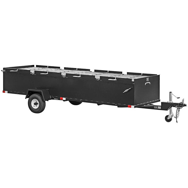 A black Meadow Creek BBQ chicken cooker trailer with metal wheels.