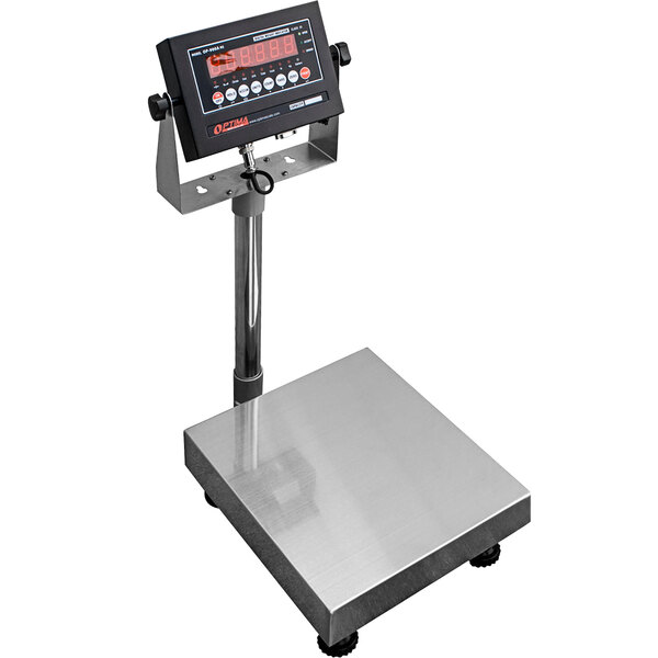 An Optima Weighing Systems legal for trade digital bench scale with a stainless steel platform.