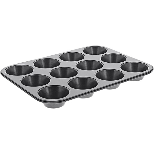 A black non-stick de Buyer muffin pan with 12 cups.