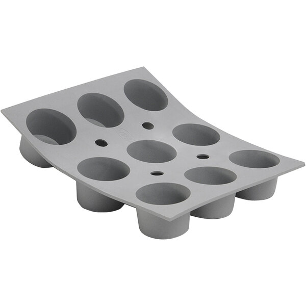A grey de Buyer silicone baking mold with 9 compartments.